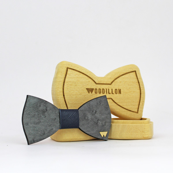 Papillon in legno Chaplin, acero occhiolinato, con nodo in pelle di vitello, marcato Woodillon